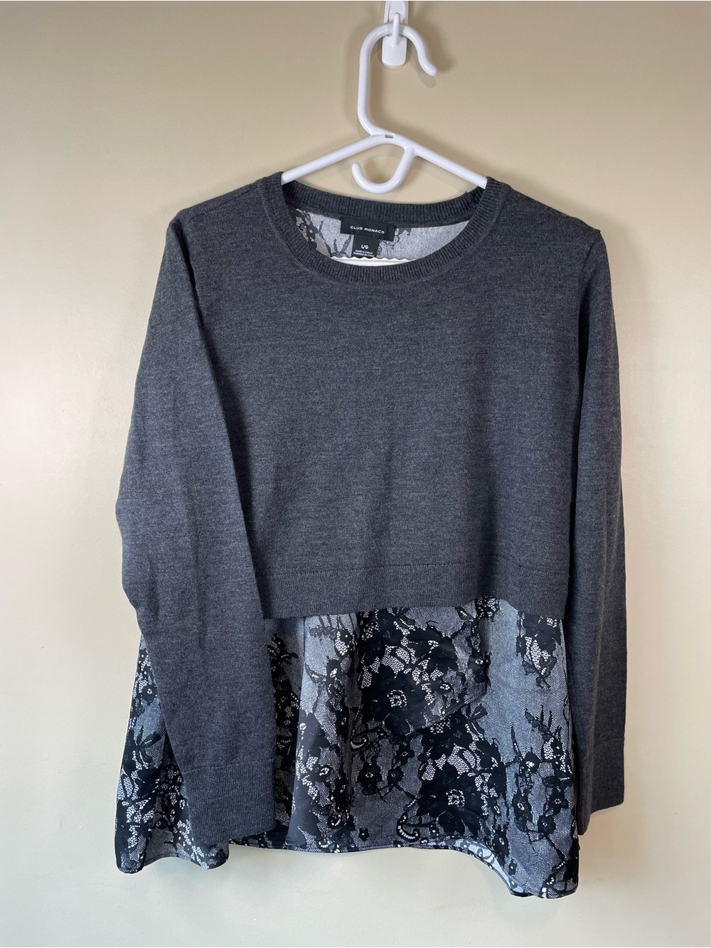 NWT Club Monaco Claribel Layered Merino Wool Lace Sweater Charcoal L